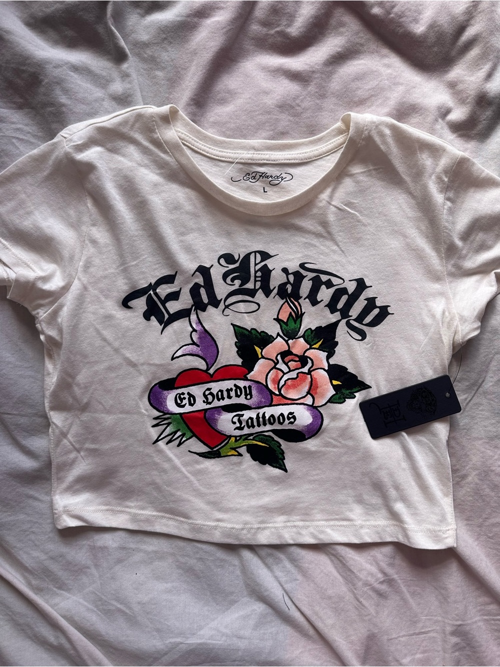 Ed Hardy Y2K Tattoo Graphic Baby Tee Crop Top White Size L